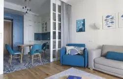 Kitchen design with blue sofa