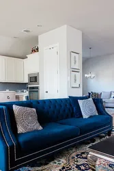 Kitchen design with blue sofa