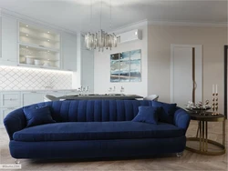 Kitchen design with blue sofa