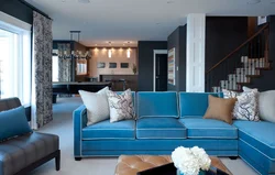 Kitchen design with blue sofa