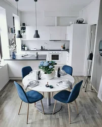 Kitchen design with blue sofa