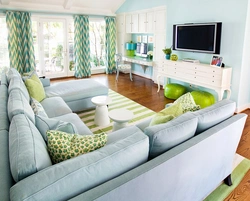 Mint-colored sofa in the living room interior