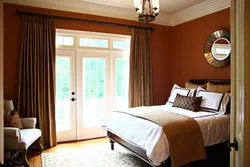 Brown curtains in the bedroom interior
