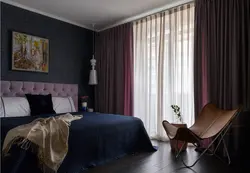 Brown curtains in the bedroom interior