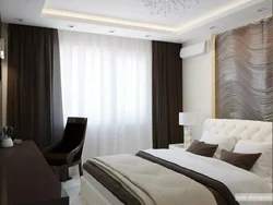 Brown curtains in the bedroom interior