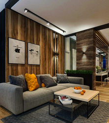 Gray and wood in the living room interior photo