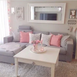 Living room in gray and pink tones photo