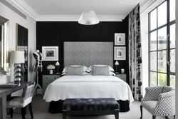 Interior in the bedroom if the wallpaper is black and white