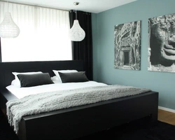 Interior in the bedroom if the wallpaper is black and white