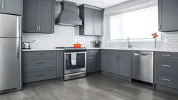 Kitchen interior in gray facade