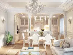 Design of a classic kitchen living room in light colors