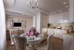 Design of a classic kitchen living room in light colors