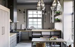 Loft üslubunda kiçik bir mətbəxin daxili hissəsi