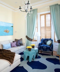 Blue and beige in the living room interior photo
