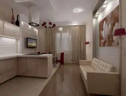 Kitchen living room 18 sq m square design with balcony