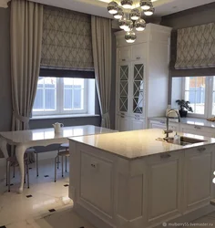Roman Blinds In The Kitchen Interior With Tulle