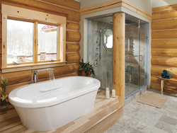 Interior of a bathroom in a wooden house made of logs