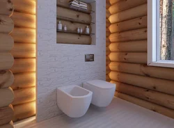 Interior Of A Bathroom In A Wooden House Made Of Logs