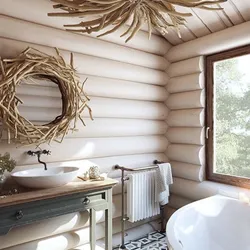 Interior Of A Bathroom In A Wooden House Made Of Logs