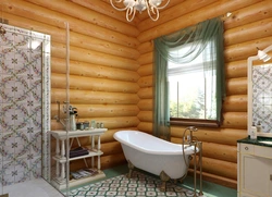 Interior of a bathroom in a wooden house made of logs