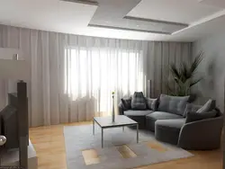 Qonaq Otağının Içərisində Boz Divarlar Altında Pərdələr