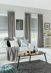 Curtains Under Gray Walls In The Living Room Interior