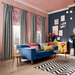 Curtains under gray walls in the living room interior