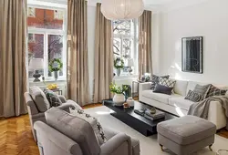Curtains under gray walls in the living room interior