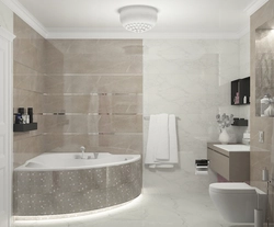 Bathroom design with a corner bathtub in light colors