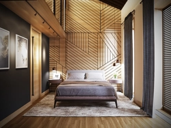 Bedroom design with slats on the wall