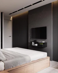 Bedroom design with slats on the wall