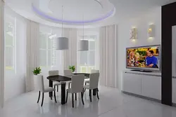 Design of a country house with kitchen, living room with bay window