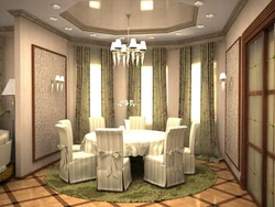 Design of a country house with kitchen, living room with bay window