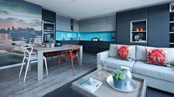 Living room kitchen design in blue