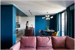 Living room kitchen design in blue
