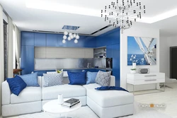 Living room kitchen design in blue