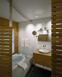 Bathroom interior with slatted ceiling