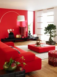 Living room interior in red colors
