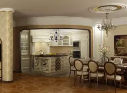 Design of a classic kitchen combined with a living room