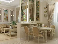 Дизайн классической кухни совмещенной с гостиной