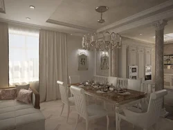 Design of a classic kitchen combined with a living room