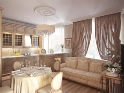Design of a classic kitchen combined with a living room