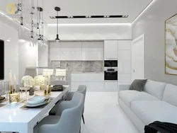 White kitchens combined with living room photo