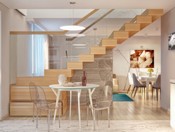 Kitchens in a room with stairs photo