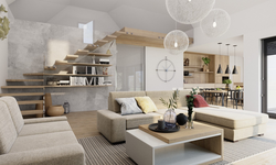 Kitchens in a room with stairs photo
