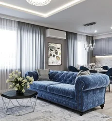 Qonaq otağının içərisində boz mavi divan