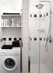 Bathroom design with shower and toilet made of tiles and washing machine