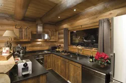 Kitchen design living room in a wooden house photo