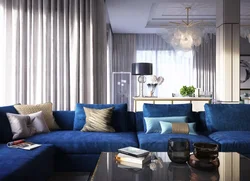 Gray blue curtains in the living room interior