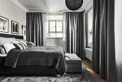 Дызайн спальні з цёмнымі шторамі